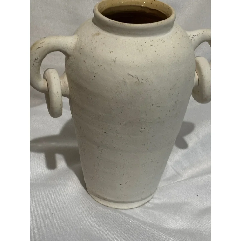 Southwestern Hand Painted Pottery Vase Desert Scene Ring Handles Gold Trim Aztec